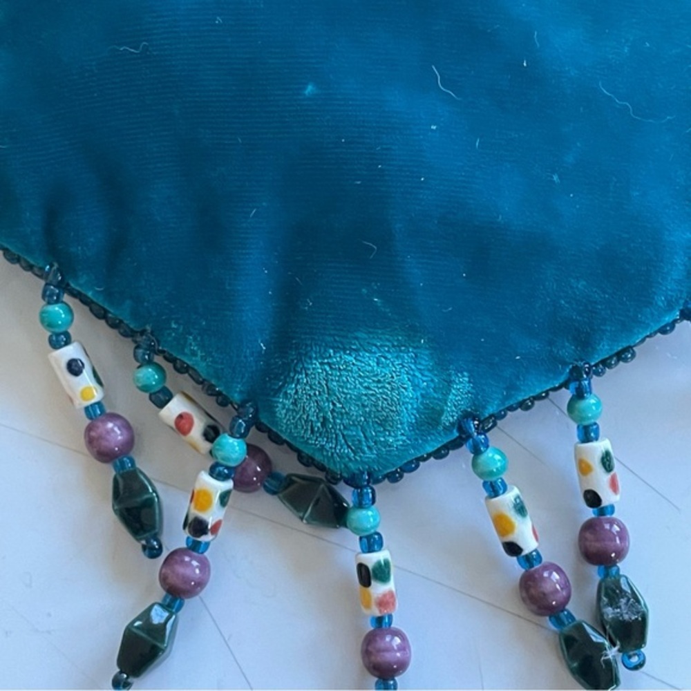 Turquoise Silk Velvet Beaded Crossbody Coin Purse Boho Festival Bag - Picture 5 of 7